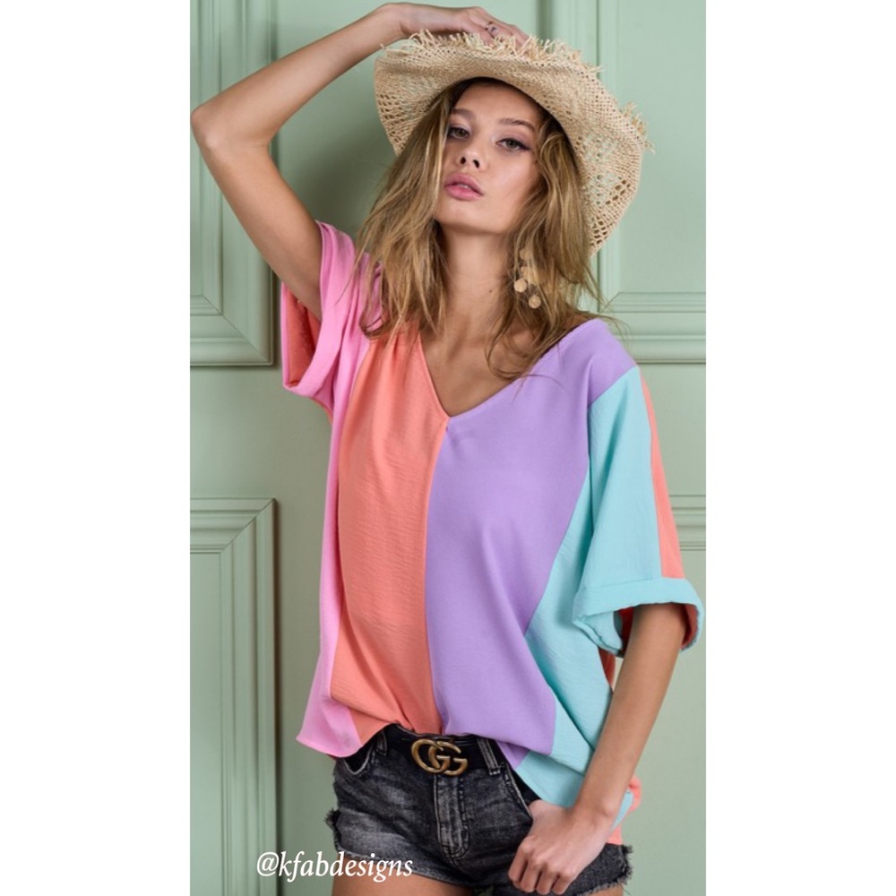 LAST 1! V Neck Roll up Sleeves Color Block Oversized Top! - Picture 3 of 9